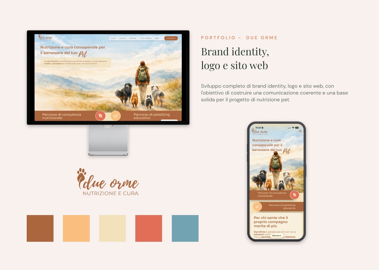 Presentazione del progetto Due Orme con sito desktop, versione mobile, logo e palette colori